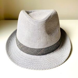 Grey Striped Fedora Hat Unisex, 100% Cotton, Size S - 22.5 in diameter EUC